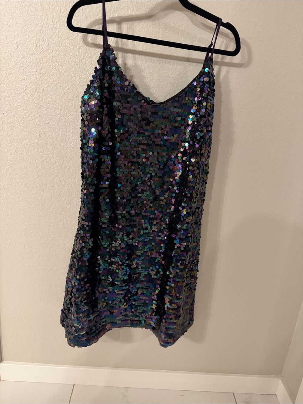 DKNY Iridescent Sequin Mini Dress - Black with Purple/Green Sparkle